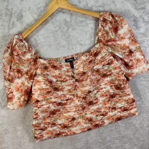 Express Floral Crop Top Ruched Square Neck Puff‎ Sleeve Blouse Womans Sz XL